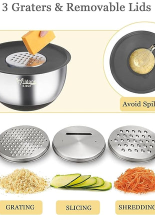 Wildone Mixing Bowls with Airtight Lids, 22 PCS Stainless Steel Mixing Bowls Set, 3 Grater Attachments, Measurement Marks & Non-Slip Bottom, Size 5, 4, 3, 2,1.5, 0.63QT, Ideal for Mixing & Prepping