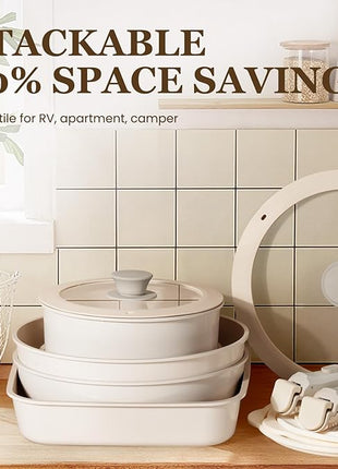 KIKCOIN Ceramic Cookware Set, 22 Pcs Nonstick Pots and Pans Set with Detachable Handles, Non Toxic Kitchen Cooking Set with Removable Handles, Induction/Dishwasher/Oven Safe, Ollas de Cocina