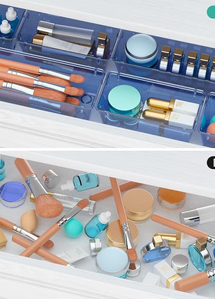 WOWBOX 9 Pack Clear Drawer Organizer Set, Acrylic Drawer Storage Trays, Storage Bins for Makeup, Cosmetics, Jewelries, Utensils, Gadgets, Office, Dark Blue