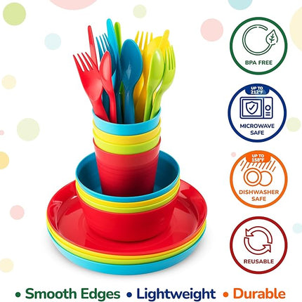 Kids Dinnerware Set for 4-24 Piece Plastic Childrens Dishes Dinnerware Sets Microwave/Dishwasher Safe BPA Free - Toddler Dinner Set Includes Kids Plates and Bowls Kids Cups Flatware Set