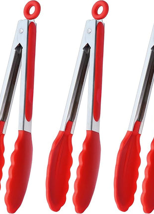 Silicone Cooking Tongs 9-Inch Serving Tongs, Set of 3 (Red)