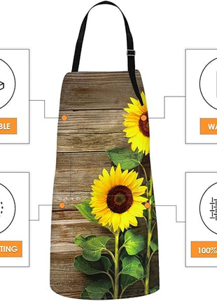 Britimes Apron Home Kitchen Cooking Baking Gardening for Women Men with Pockets Autumn Sunflowers Wooden Board Flower 32x28 inch