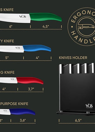 Vos Ceramic Knife Set with Block, Ceramic Knives Set For Kitchen, Ultra Sharp Kitchen Knife Set with Covers, 3" 4" 5" 6" Chef Knife, Utility, Paring & versatile, Light & Dishwasher safe (Multi-Color)