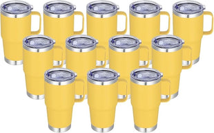20 oz Stainless Steel Tumbler with Handle Bulk Metal Insulated Tumblers Travel Coffee Mug with Handle Double Wall Tumbler Cup with Lid and Straw, Yellow 12 Pack