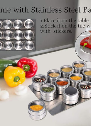 Upgrade Magnetic Spice Jars 12pcs with Wall Mounted,Stainless Steel Spice Tins with Lid and Small Holes for Sprinkle Rust Free Easy to Clean Includes 94 Labeling Stickers by Beeyoka