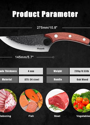 Huusk Viking Knives Hand Forged Boning & Chef Knife - Full Tang Japanese Blade with Sheath - Butcher Meat Cleaver - Camping & Kitchen Christmas Gifts for Men and Women
