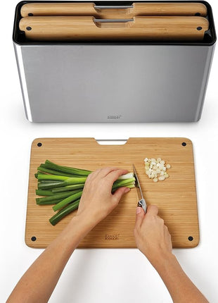 Joseph Joseph Folio Premium 3-Piece Bamboo Cutting Board Set, Stainless Steel Slimline Case for Organized Kitchen Storage