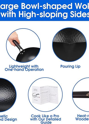 12.5 Inch Carbon Steel Wok For Electric, Induction and Gas Stoves (Lid, Spatula and User Guide Video Included)