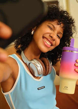 32 oz Tumbler with Handle and Straw: Stainless Steel Insulated Tumbler Keeps Cold for 24 Hours, Leakproof Travel Cup Fits in Cup Holder and BPA-Free, Peach Dream