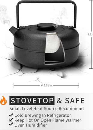 Toptier Teapot with Removable Infuser, Cast Iron Tea Kettle Stovetop Safe, Solid Geometry Cylinder Design Tea Pot Coated with Enameled Interior for 27 Ounce (800 ml), Black