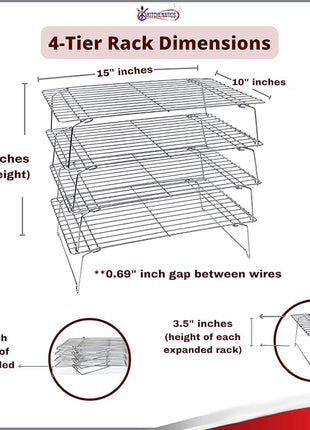KITCHENATICS 4-Tier Stackable Cooling Racks for Baking, 100% Stainless Steel Wire Rack, Oven Safe Baking Rack, Oven Rack for Pizza, Cake, Bread, Cooling Rack for Cooking and Baking, Cookie Rack 15x10