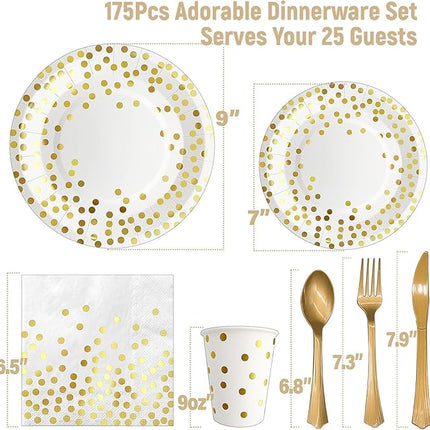 AIRE 175PCS White and Gold Paper Plates Party Supplies for 25 Guests Disposable Party Decorations Dinnerware Golden Dot Paper Plates Napkins Cups Gold Plastic Forks Knives Spoons for Wedding Birthday