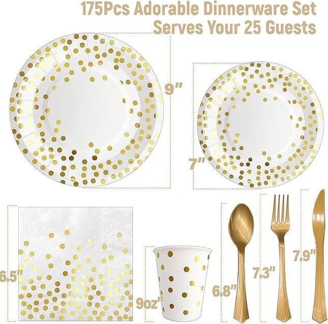 AIRE 175PCS White and Gold Paper Plates Party Supplies for 25 Guests Disposable Party Decorations Dinnerware Golden Dot Paper Plates Napkins Cups Gold Plastic Forks Knives Spoons for Wedding Birthday