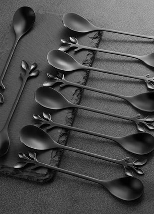 AnSaw Elegant Black Leaf Coffee Spoons - 10-Piece, 4.7" Mini Stainless Steel Espresso & Dessert Tea Spoons, Perfect for Demitasse & Small Servings