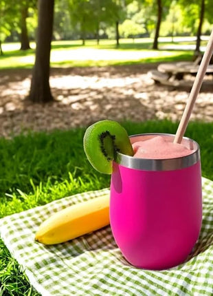 CHILLOUT LIFE 12 oz Stainless Steel Wine Tumblers 2 Pack - Double Wall Vacuum Insulated Wine Cups with Lids and Straws Set for Coffee, Wine, Cocktails - Hot Pink