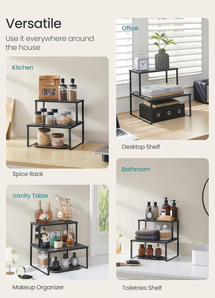 SONGMICS Spice Racks, Set of 2 Metal Cabinet Shelf Organizers, Countertop Organizers, Shelf Risers, Stackable, Expandable, Ink Black UKCS005B01