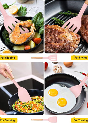 Pack of 2 Silicone Cooking Spatula, Heat Resistant Solid Turner, Non Stick Slotted Spatulas with Wooden Short Handle,Ideal Wood Kitchen Utensils Set for Frying, Baking, Flipping, Turning