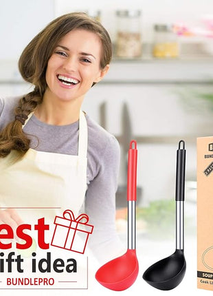 Pack of 2 Ladle Spoon,Silicone Large Spoon for Soup,Non Stick Kitchen Utensils with High Heat Resistant,BPA Free Perfect Kitchen Tools for Cooking, Stirring,Serving Soups (BLACK-RED)
