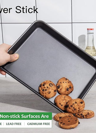 HONGBAKE 2 Pack 9.7X7.5" Toaster Oven Pans for Baking, 57% Thicker Nonstick 1/8 Cookie Sheet Pan Set, Small Baking Tray, Dishwasher Safe and Heavy Duty, Black