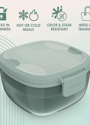 Bentgo Glass Prints All-in-One Salad Container - 61oz Tinted Glass Salad Bowl with Lid, Bento-Style Tray, Sauce Container, & Reusable Fork - Dishwasher & Microwave Safe (Mod Curve - Serene Green)