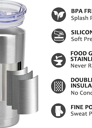 SUNWILL Travel Coffee Tumbler 20 oz, Stainless Steel Mug with Lid, Insulated Cup for Water, Tea, Hot and Cold Drinks, Silver