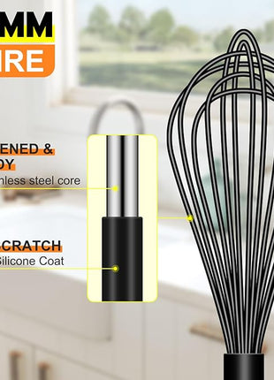HOTEC 4 Pieces Silicone Whisks Set, Wire Balloon Whisks Egg Beater, Non-slip Handle Whisk for Non-stick Cookware Perfect for Cooking, Stirring, Beating and Blending (Black)