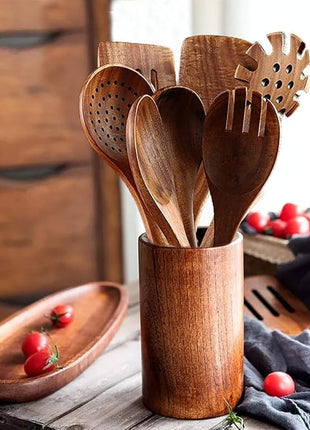 Wooden Spoons for Cooking,10 Pcs Natural Teak Wooden Cooking Utensils Wooden Kitchen Utensils Set Wooden Utensils for Cooking Wooden Spatulas for Cooking