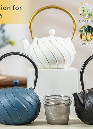 Tea Kettle, TOPTIER Japanese Cast Iron Teapot with Stainless Steel Infuser, Cast Iron Tea Kettle Stovetop Safe, Wave Design Tea Pot Coated with Enameled Interior for 30 Ounce (900 ml), White