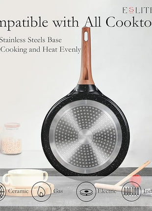 ESLITE LIFE 9.5 Inch Crepe Pan with Spreader, Nonstick Ceramic Flat Skillet Dosa Tawa Comales Para Tortillas Pancake Pan, PTFE & PFOA Free, Black