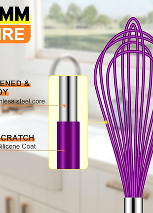 HOTEC 4 Pieces Silicone Whisks Set, Wire Balloon Whisks Egg Beater, Non-slip Handle Whisk for Non-stick Cookware Perfect for Cooking, Stirring, Beating and Blending (Purple)