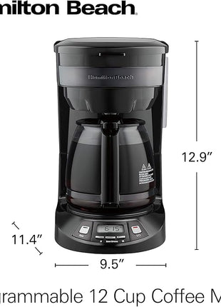 Hamilton Beach 12 Cup Programmable Drip Coffee Maker with 3 Brew Options, Glass Carafe, Auto Pause and Pour, Black Stainless (46293)