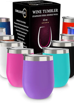 CHILLOUT LIFE 12 oz Stainless Steel Wine Tumbler with Lid - Double Wall Vacuum Insulated Wine Cup Glass Keeping Cold & Hot for Coffee, Champagne, Cocktails, Ice Cream - Powder Coated Purple