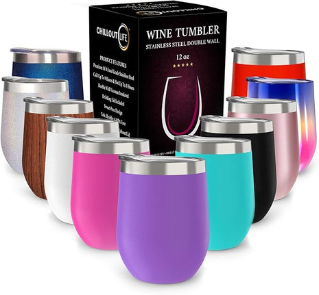 CHILLOUT LIFE 12 oz Stainless Steel Wine Tumbler with Lid - Double Wall Vacuum Insulated Wine Cup Glass Keeping Cold & Hot for Coffee, Champagne, Cocktails, Ice Cream - Powder Coated Purple