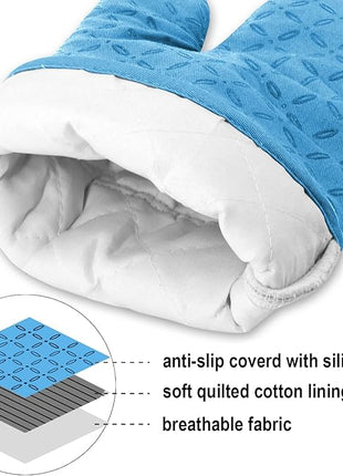 KEGOUU Oven Mitts and Pot Holders 6pcs Set, Kitchen Oven Glove High Heat Resistant 500 Degree Extra Long Oven Mitts and Potholder with Non-Slip Silicone Surface for Cooking (Sky Blue)