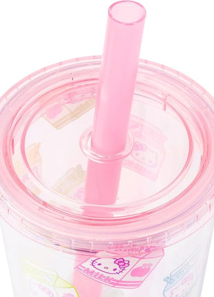 Silver Buffalo Sanrio Hello Kitty Milk Carton Pattern Plastic Boba Tumbler w Lid and Wide Straw, 24 Ounces