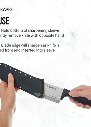 Farberware Edgekeeper 7-Inch Santoku Knife with Self-Sharpening Blade Cover, High Carbon-Stainless Steel Kitchen Knife with Ergonomic Handle, Razor-Sharp Knife, Black
