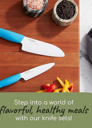 KYOCERA Revolution 2-Piece Ceramic Knife Set: Chef Knife For Your Cooking Needs, 5.5" Santoku and 4.5" Utility Knife, White Blades with Blue Handles, White/Blue
