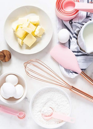 Copper and Pink Kitchen Utensils Set - 17-Piece Silicone Cooking Tools with Copper Utensil Holder and Pink Measuring Cups and Spoons for Baking and Everyday Cooking - Stylish Kitchen Accessories