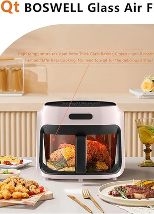 Glass Air Fryer, 7.6QT with Transparent Fry Bowl, Circulating Heating, Temperature Control, Air Fryer Roast, Dishwasher Safe (Pink)