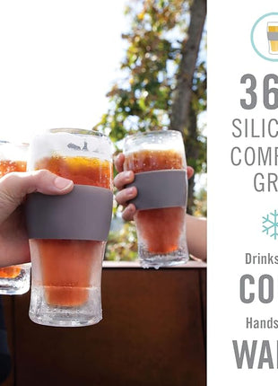 Host Freeze Beer Glasses, 16 ounce Freezer Gel Chiller Double Wall Plastic Frozen Pint Glass, Set of 4, Black and Grey