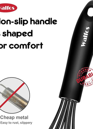 Walfos Silicone Whisk, Stainless Steel Wire Whisk - Heat Resistant Kitchen Whisks for Non-stick Cookware, Balloon Egg Beater Perfect for Blending, Whisking, Beating, Frothing & Stirring, 8.5", Black