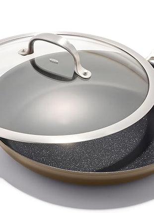 OXO Enhanced 12” Nonstick Frying Pan Skillet with Lid, Ceramic PFAS-Free Cookware, Stainless Steel Handle, Eggs & Omelets, Dishwasher & Oven Safe, Biscuit Brown