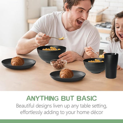 Teivio 40-Piece Kitchen Plastic Wheat Straw Dinnerware Sets, Service for 4, Dinner Plates,Dessert Plates,Cereal Bowls, Cups, Flatware,Dishwasher Safe, Unbreakable Outdoor Camping Dishes, Black