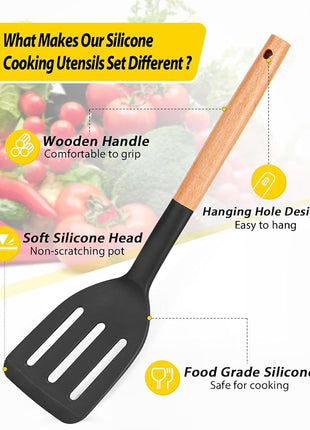 Pack of 4 Silicone Cooking Utensils Set, Non Stick Solid Spatulas and Heat Resistant Slotted Spoons with Wooden Handle, Ideal Wood Kitchen Utensils Set for Frying,Serving,Turning,Stirring (BLACK)