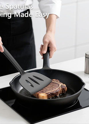 Coukre 3 Pack Silicone Spatula Set, High Heat Resistant, BPA-Free, Fish Spatula, Solid & Slotted Turner for Non-Stick Pans, Flipping Eggs, Pancakes, Fish, Burgers (3, PureBlack)