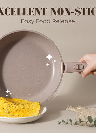 15Pcs Pots and Pans Set Non Stick, Cookware Sets with Detachable Handle, Nonstick RV Kitchen Cooking Tools Removable Handles, Oven Safe, Induction Fast, Stackable Induction Cookware, Brown