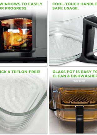 Nutrichef 5.8 Quart Air Fryer | 8-1 Preset Cook Modes | Transparent Fry Bowl for Best Cooking Results | Cook Shrimp, Steak, Fries, Wings, Chicken & More | Precise Temperature Control & Time | Grey
