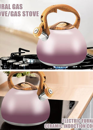 Tea Kettle for Stove Top, 3.2QT Whistling Tea Pots with Wood Parttern Handle, Stainless Steel Teapot for Home and Kitchen (Purple Gradient)
