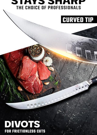 DALSTRONG Butcher Knife - 12.5 inch Slicer - Shogun Series ELITE - Japanese AUS-10V Super Steel - Black G10 Handle - Vacuum Treated Cimitar Meat Breaking Knife Gift - Sheath Included