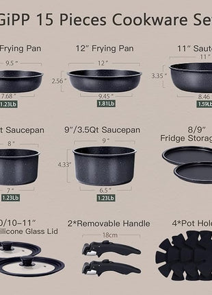 GiPP Ceramic Pots and Pans Set Non Stick, Nonstick Detachable Handle Cookware Sets, Healthy Non Toxic PFAS PFOA & PTFE Free, Dishwasher ＆Oven Safe, Induction Kitchen Pot and Pan, 15 Piece Grey